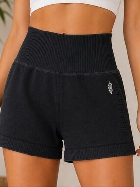 Free People Movement Black Seamless Ribbed High Rise Shorts XS/S